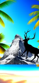 Vibrant wallpaper with mountain, deer, and tropical beach scene.