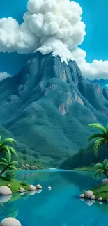 Tropical mountain scene with volcano and palms.