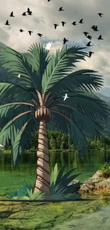 Palm tree by a serene lake with mountains in the background.