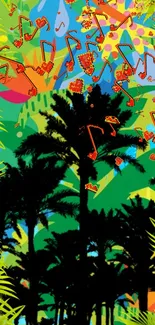 Colorful tropical wallpaper with music notes and palm silhouettes.