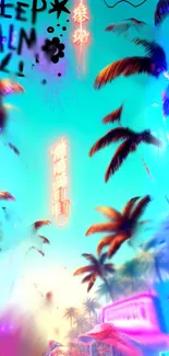 Neon tropical wallpaper with glowing palm trees and a cyan sky.