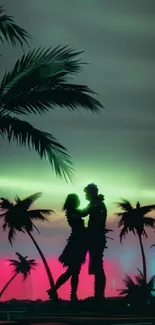 Tropical night scene with silhouetted couple and neon sky.