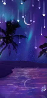 Tropical night with aurora, palm trees, and glowing butterflies under a crescent moon.