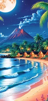 Moonlit tropical beach with ocean waves and palm trees.