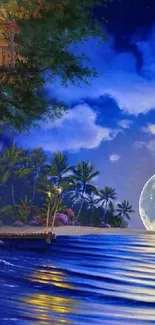 Moonlit tropical beach with palm trees and ocean waves under a night sky.