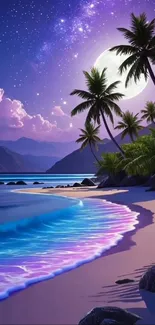 Tropical night beach with moonlit waves and palm trees on the shore.