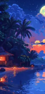 A moonlit tropical beach scene with palm trees, a cabin, and reflective waters.