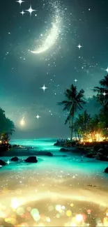 Tropical night scene with moonlight, sea, and palm trees in fantasy style wallpaper.