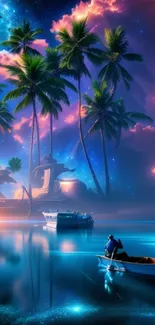 Tropical night fantasy with palm trees and vibrant sky on a serene island landscape.