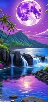 Tropical fantasy wallpaper with moonlit waterfall and purple hues.