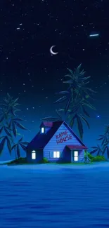 Tropical night view of an island with palm trees under a crescent moon.