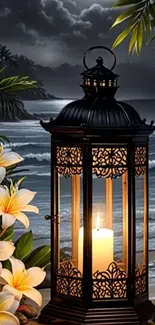 Night sea scene with lantern and tropical flowers under a moonlit sky.