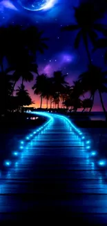 Nighttime tropical wallpaper with glowing path and palm silhouettes.
