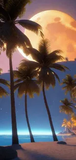 Tropical beach with palm trees silhouetted by a moonlit night sky.