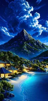 Serene tropical island nightscape with mountains and illuminated huts.