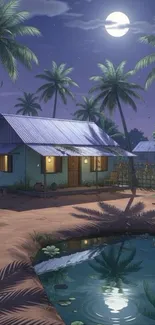Tranquil tropical night with moonlit pond and bungalow.