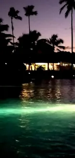 Tropical night scene with silhouette palms and illuminated pool.