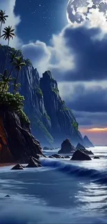 Tropical night ocean with moonlit sky and palm trees.
