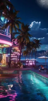 Tropical night scene with neon lights, palm trees, and moonlit pool.