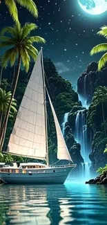 Sailboat on a moonlit tropical night with waterfall and palm trees.