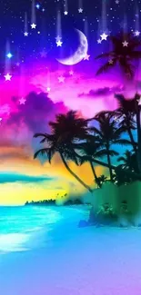 Colorful tropical night beach with moon and stars.