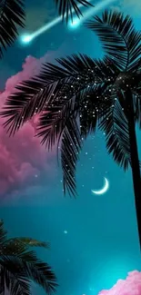 Tropical night sky with palms, pink clouds, and a crescent moon.