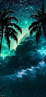 Tropical night sky wallpaper with palms and aurora.