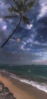 Tropical beach at night with stars and palm trees under a dark blue sky.