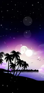 Tropical night wallpaper with palms, stars, and full moon.