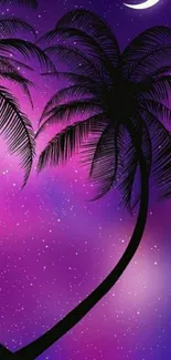 Purple night sky wallpaper with palm silhouettes and stars.