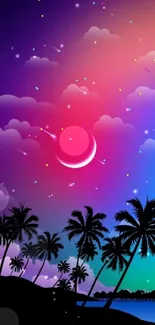 Tropical night sky with colorful clouds and palm trees wallpaper.