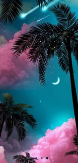 Tropical night sky with palms and stars.