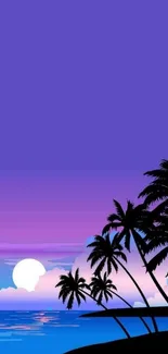 Tropical sunset wallpaper with purple sky and palm tree silhouettes.