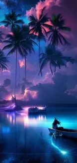 Tropical nightscape with palm silhouettes and starry skies reflected on calm waters.