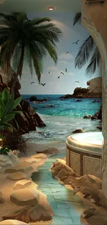 Tropical beach wallpaper with ocean, palms, and rocky shoreline.