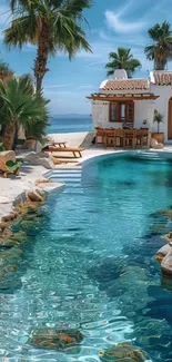 Tropical poolside with palm trees and a luxurious oasis.