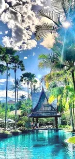 Tropical poolside with palm trees and vibrant blue water under a sunny sky.