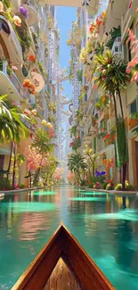 Tropical oasis urban retreat with lush greenery and serene waterway.