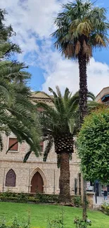 Urban park with palm trees and historic building.