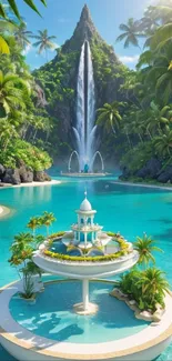 Tropical oasis with waterfall and palm trees over a tranquil lagoon.