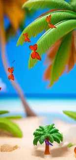 Vibrant tropical beach wallpaper with butterflies flying among palm trees.