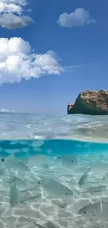 Tropical ocean view with crystal-clear waters and clouds against a blue sky.