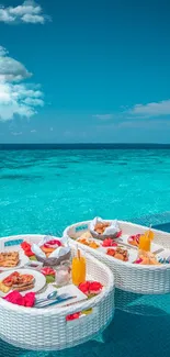 Floating breakfast on turquoise ocean with clear sky.