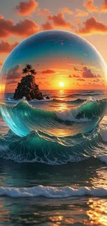 Tropical island sunset with ocean waves in a dreamlike scene.