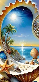 Seashell and tropical ocean beach scene with sunset and palm trees.