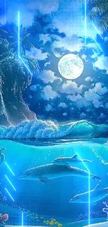 Tropical ocean wallpaper with dolphins, lighthouse, and moonlit sky.