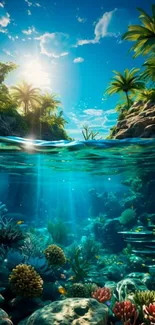 A vibrant tropical ocean wallpaper with coral reefs and lush palm trees.