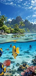 Colorful tropical fish swim in a pristine ocean under a cloudy blue sky.