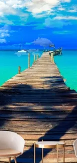 Tropical pier and turquoise ocean wallpaper with a wooden path leading to the sea.