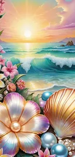 Tropical ocean sunset with waves and flowers.